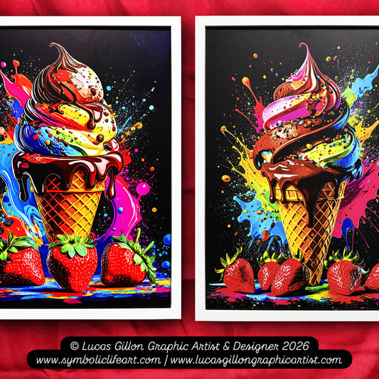 Set of Two Large Premium Framed Pop Artworks "Pop Art Ice Creams V. No #3" by Artist and Designer Lucas Gillon