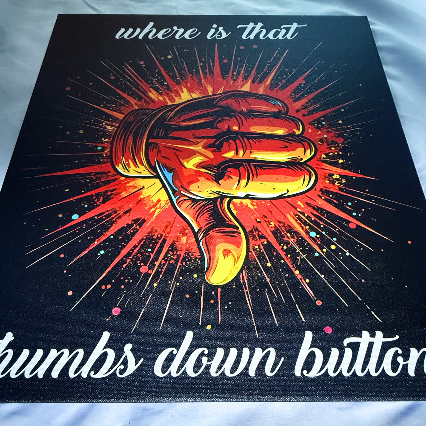 24 x 30 & 16 x 20 inch Size Canvas Concept Art "Where is that Thumbs Down Button?" by Artist and Designer Lucas Gillon