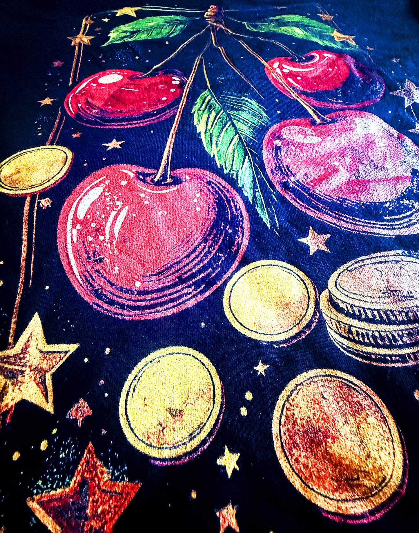 Black Unisex Premium Original Heavyweight Back-Design Tee "Cherries & Coins" by Designer and Artist Lucas Gillon