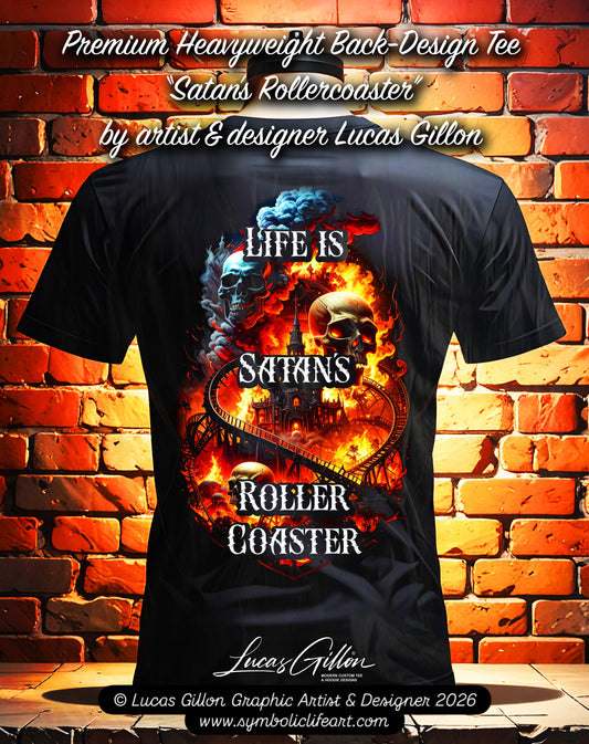 Black Unisex Premium Original Heavyweight Back-Design Tee "Satan's Rollercoaster" by Designer and Artist Lucas Gillon