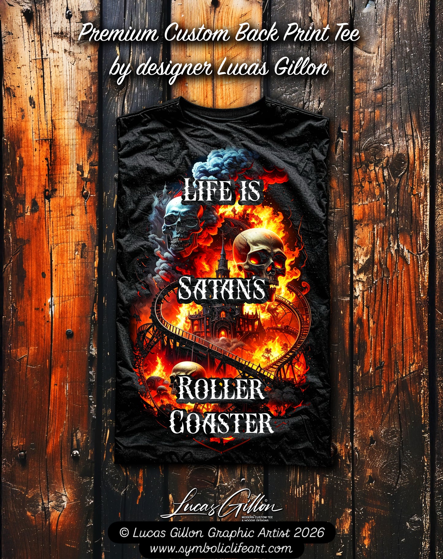 Black Unisex Premium Original Heavyweight Back-Design Tee "Satan's Rollercoaster" by Designer and Artist Lucas Gillon