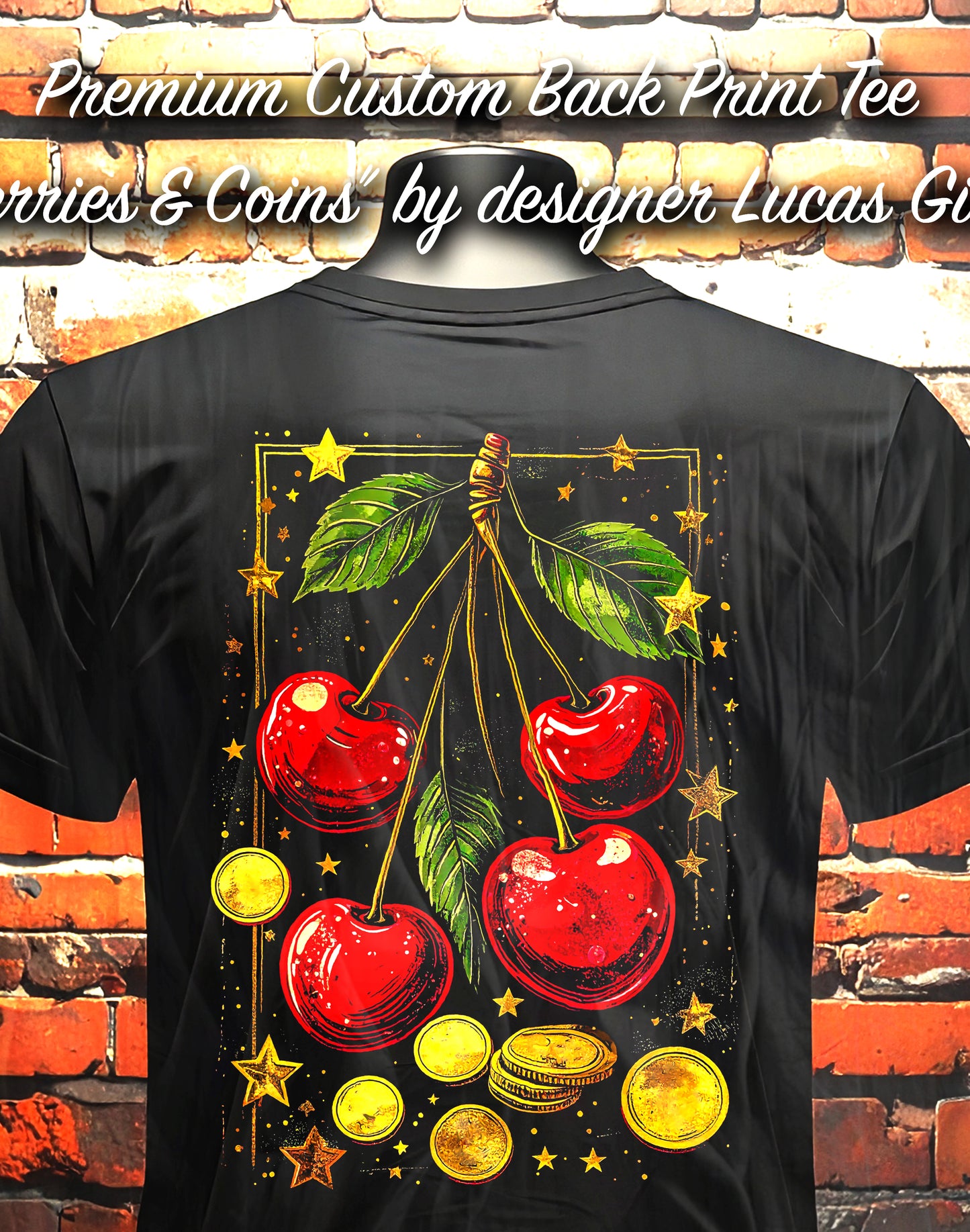 Black Unisex Premium Original Heavyweight Back-Design Tee "Cherries & Coins" by Designer and Artist Lucas Gillon