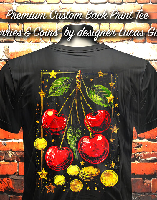 Black Unisex Premium Original Heavyweight Back-Design Tee "Cherries & Coins" by Designer and Artist Lucas Gillon