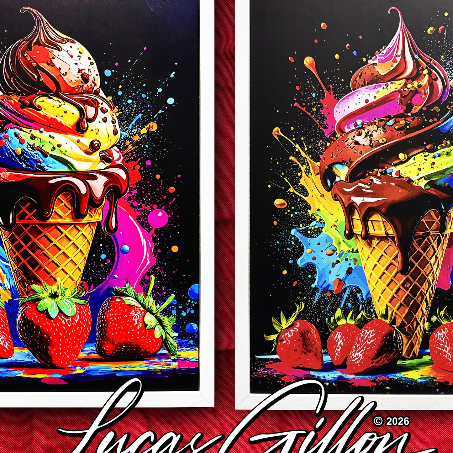 Set of Two Large Premium Framed Pop Artworks "Pop Art Ice Creams V. No #3" by Artist and Designer Lucas Gillon