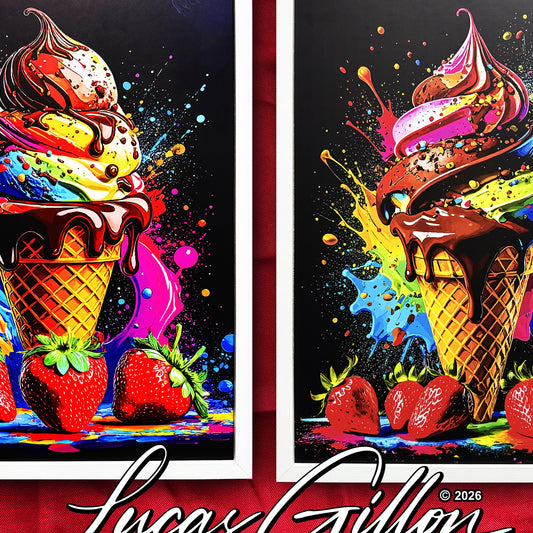 Set of Two Large Premium Framed Pop Artworks "Pop Art Ice Creams V. No #3" by Artist and Designer Lucas Gillon