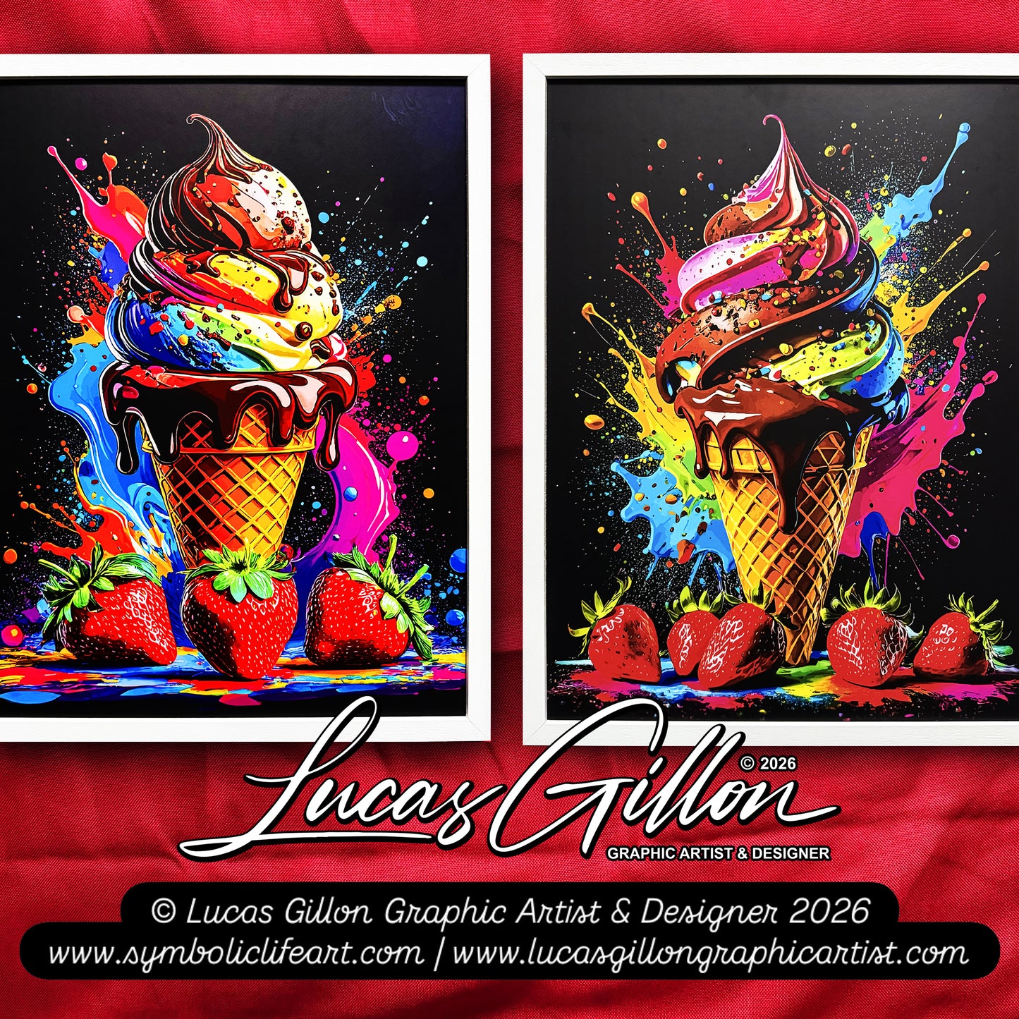 Set of Two Large Premium Framed Pop Artworks "Pop Art Ice Creams V. No #3" by Artist and Designer Lucas Gillon