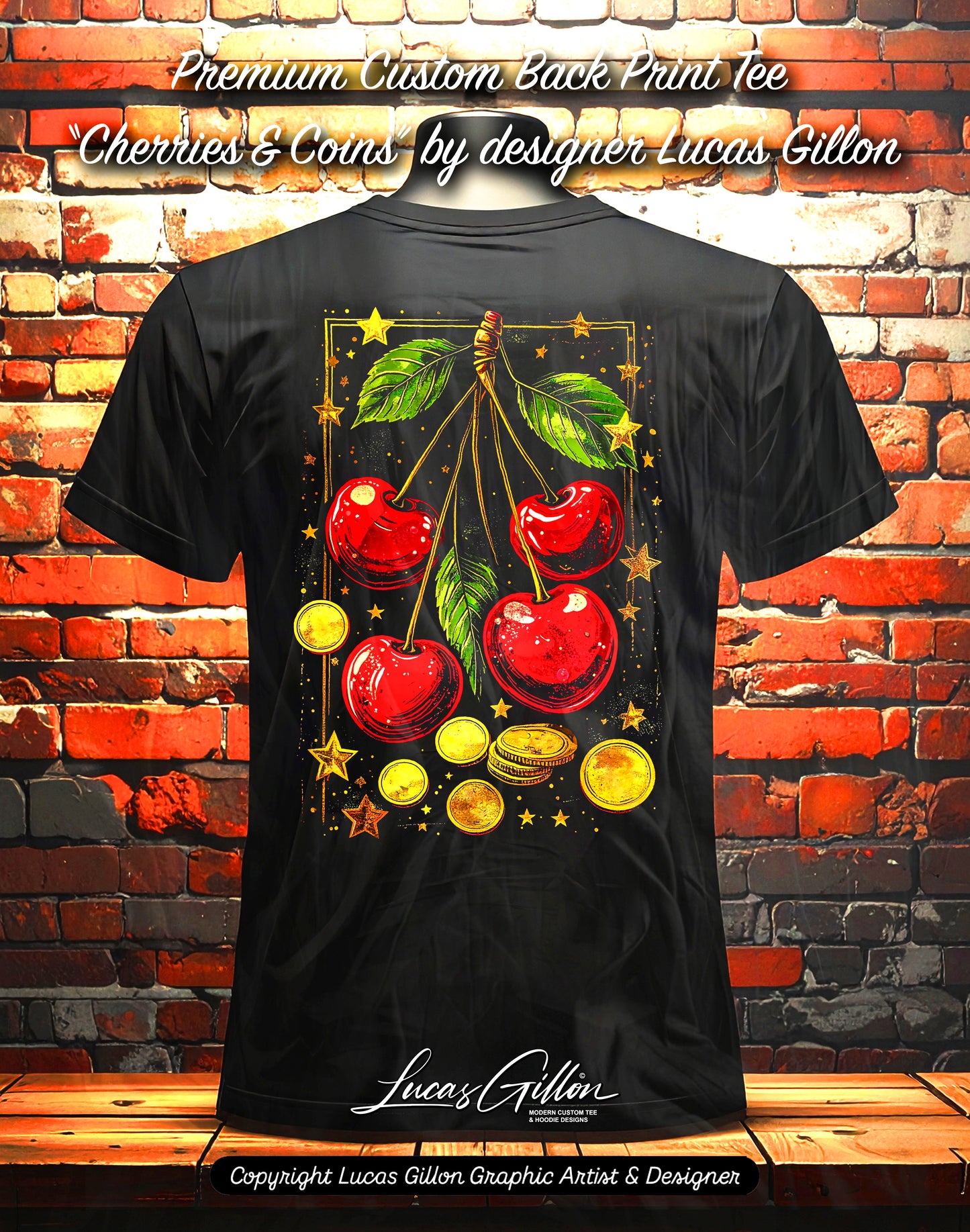 Black Unisex Premium Original Heavyweight Back-Design Tee "Cherries & Coins" by Designer and Artist Lucas Gillon