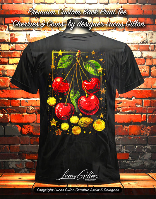 Black Unisex Premium Original Heavyweight Back-Design Tee "Cherries & Coins" by Designer and Artist Lucas Gillon