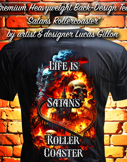 Black Unisex Premium Original Heavyweight Back-Design Tee "Satan's Rollercoaster" by Designer and Artist Lucas Gillon