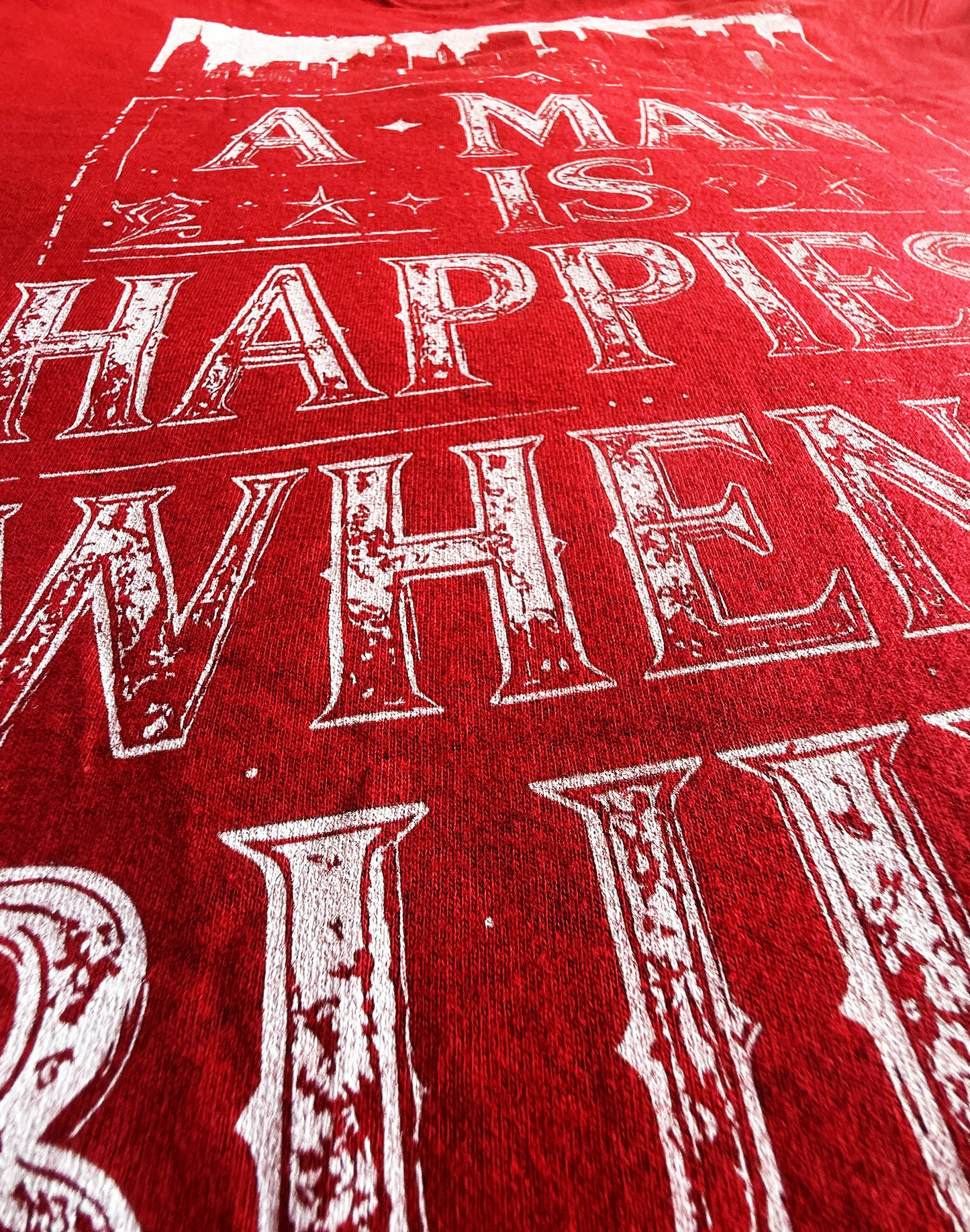 Red Unisex Premium Heavyweight Back-Design Tee "A Man is Happiest When He Builds" by Designer and Artist Lucas Gillon