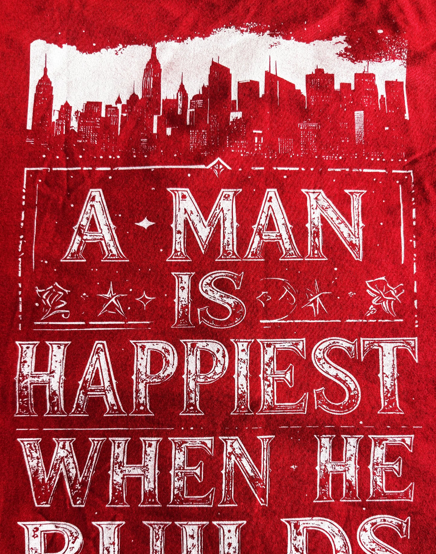 Red Unisex Premium Heavyweight Back-Design Tee "A Man is Happiest When He Builds" by Designer and Artist Lucas Gillon