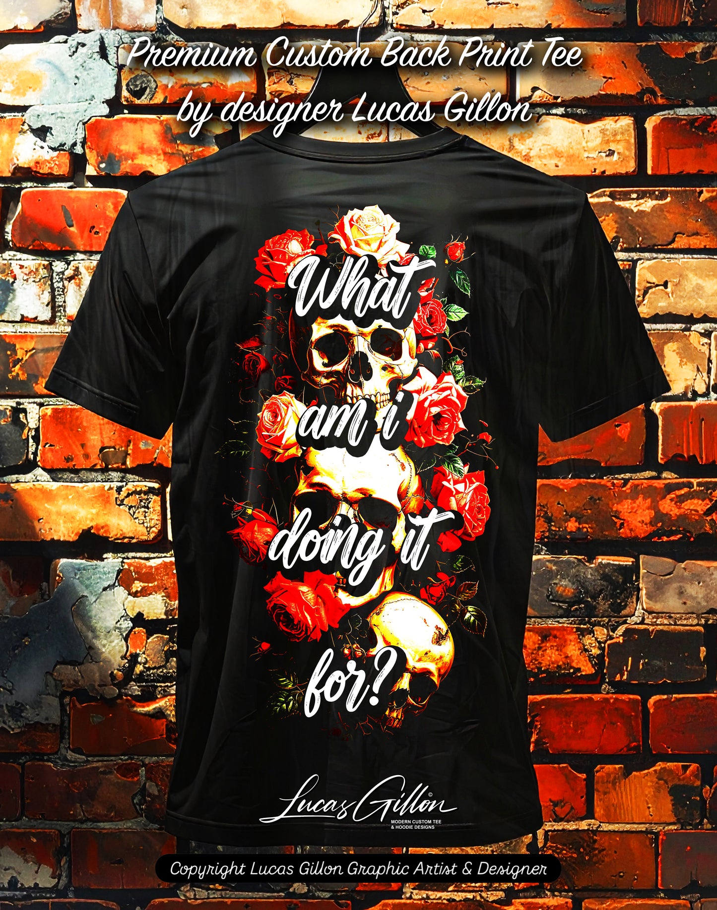 Unisex Premium Original Heavyweight Back-Design Tee "What Am I Doing It For?" by Designer and Artist Lucas Gillon