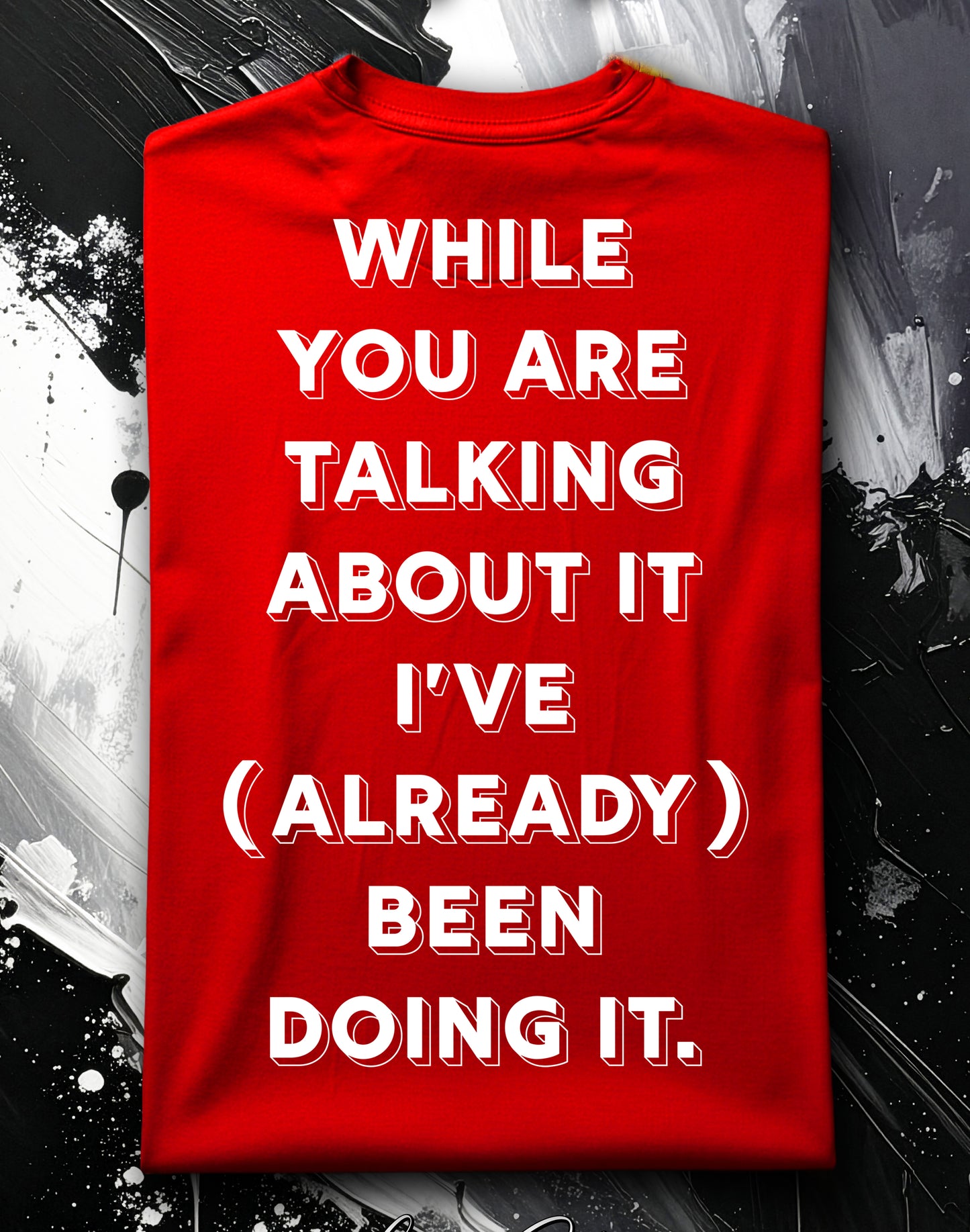 Red Unisex Heavy Premium Back-Design Tee "Already Doing It" by Designer and Artist Lucas Gillon