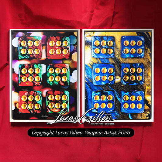 Set of Two Premium Framed Canvas Numerology Dice Symbolic Arts "Set of 2x 6x6 Dice V. No #3" by Artist Lucas Gillon
