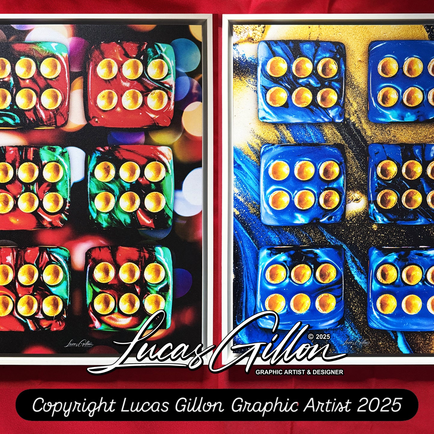 Set of Two Premium Framed Canvas Numerology Dice Symbolic Arts "Set of 2x 6x6 Dice V. No #3" by Artist Lucas Gillon