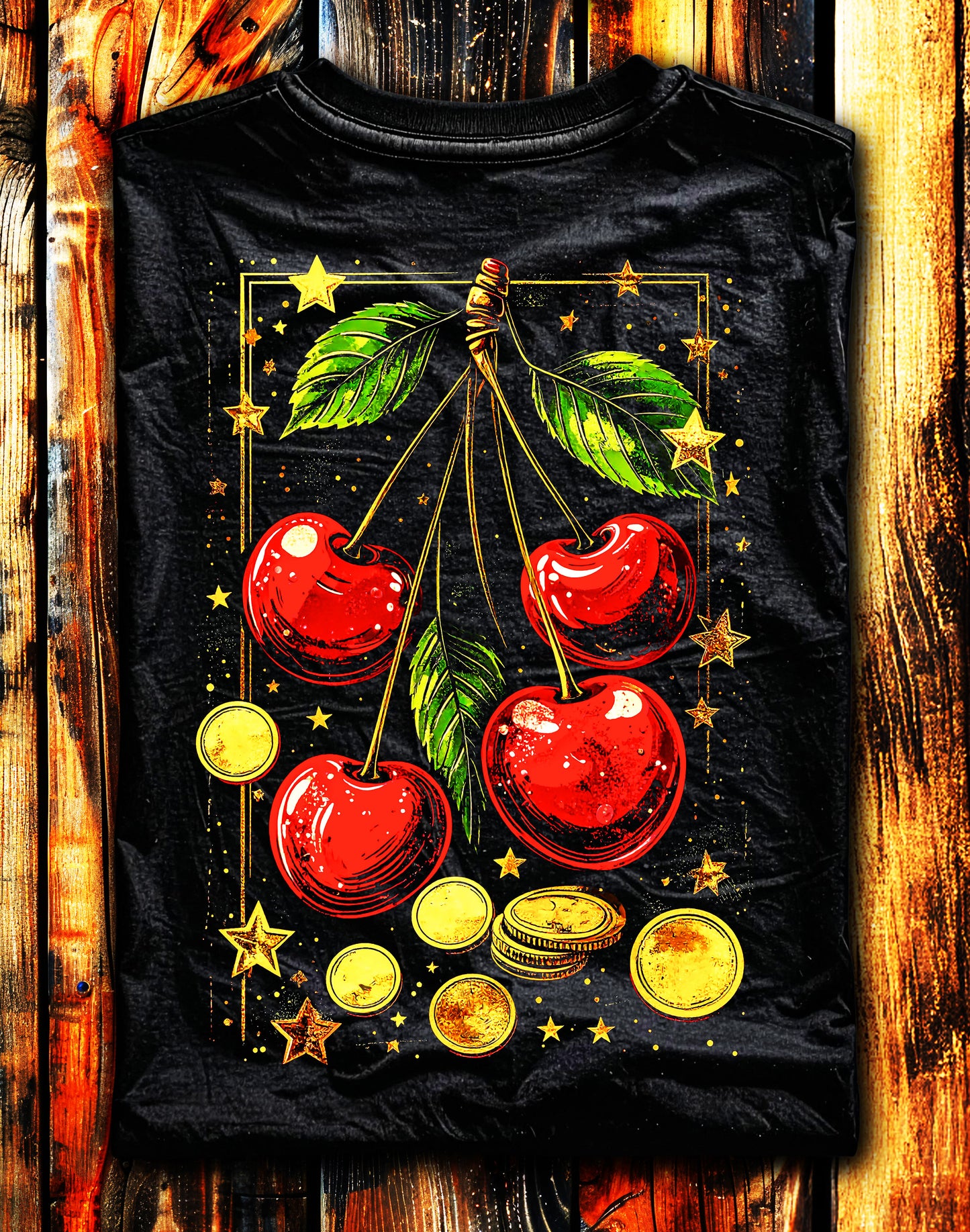 Black Unisex Premium Original Heavyweight Back-Design Tee "Cherries & Coins" by Designer and Artist Lucas Gillon