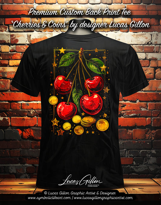 Black Unisex Premium Original Heavyweight Back-Design Tee "Cherries & Coins" by Designer and Artist Lucas Gillon