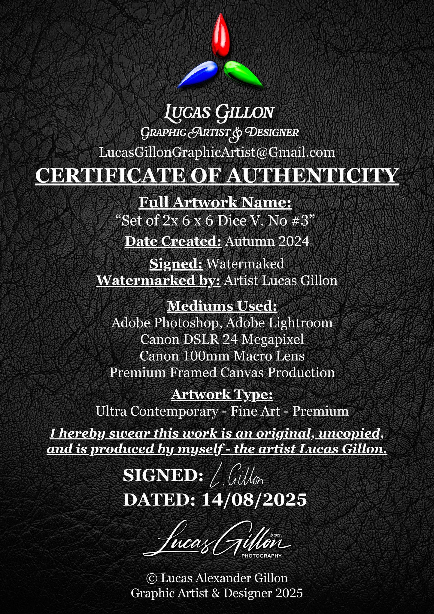 Set of Two Premium Framed Canvas Numerology Dice Symbolic Arts "Set of 2x 6x6 Dice V. No #3" by Artist Lucas Gillon