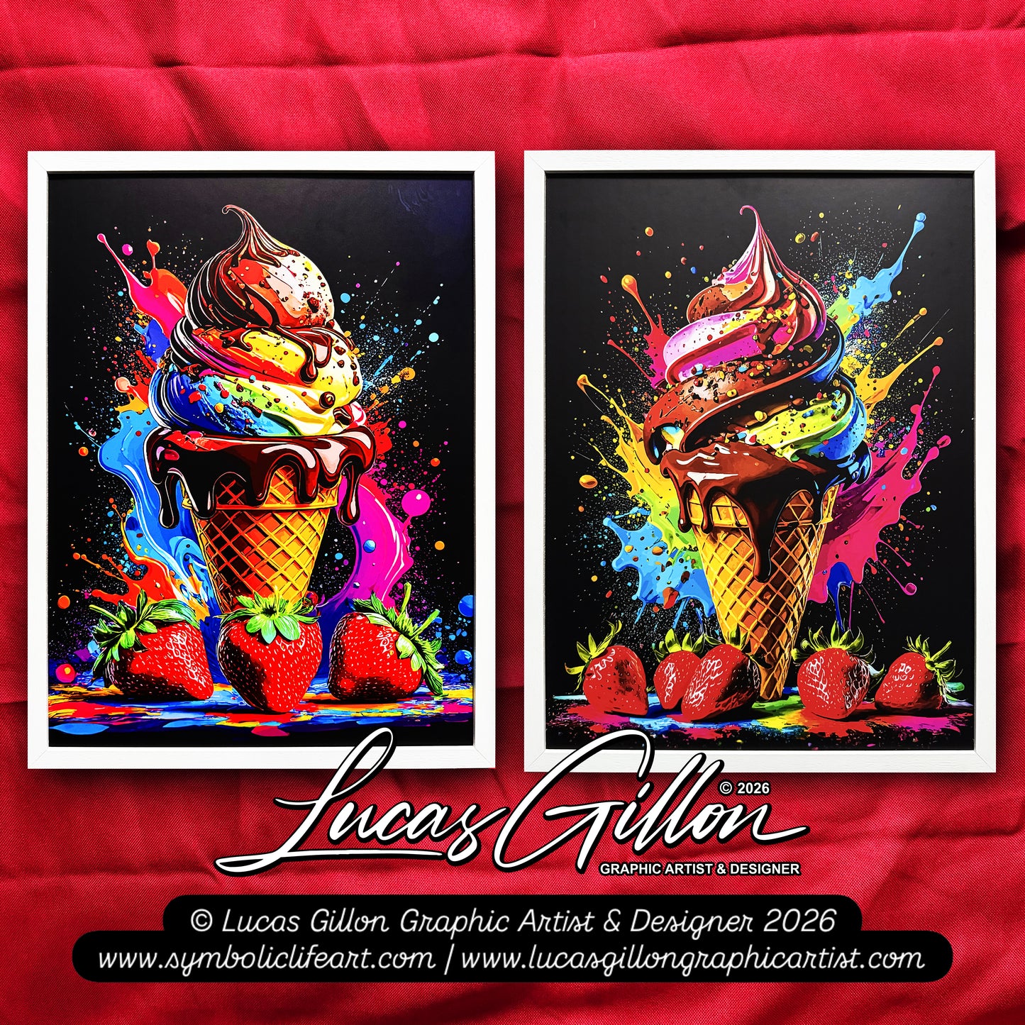 Set of Two Large Premium Framed Pop Artworks "Pop Art Ice Creams V. No #3" by Artist and Designer Lucas Gillon