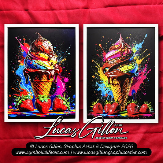 Set of Two Large Premium Framed Pop Artworks "Pop Art Ice Creams V. No #3" by Artist and Designer Lucas Gillon