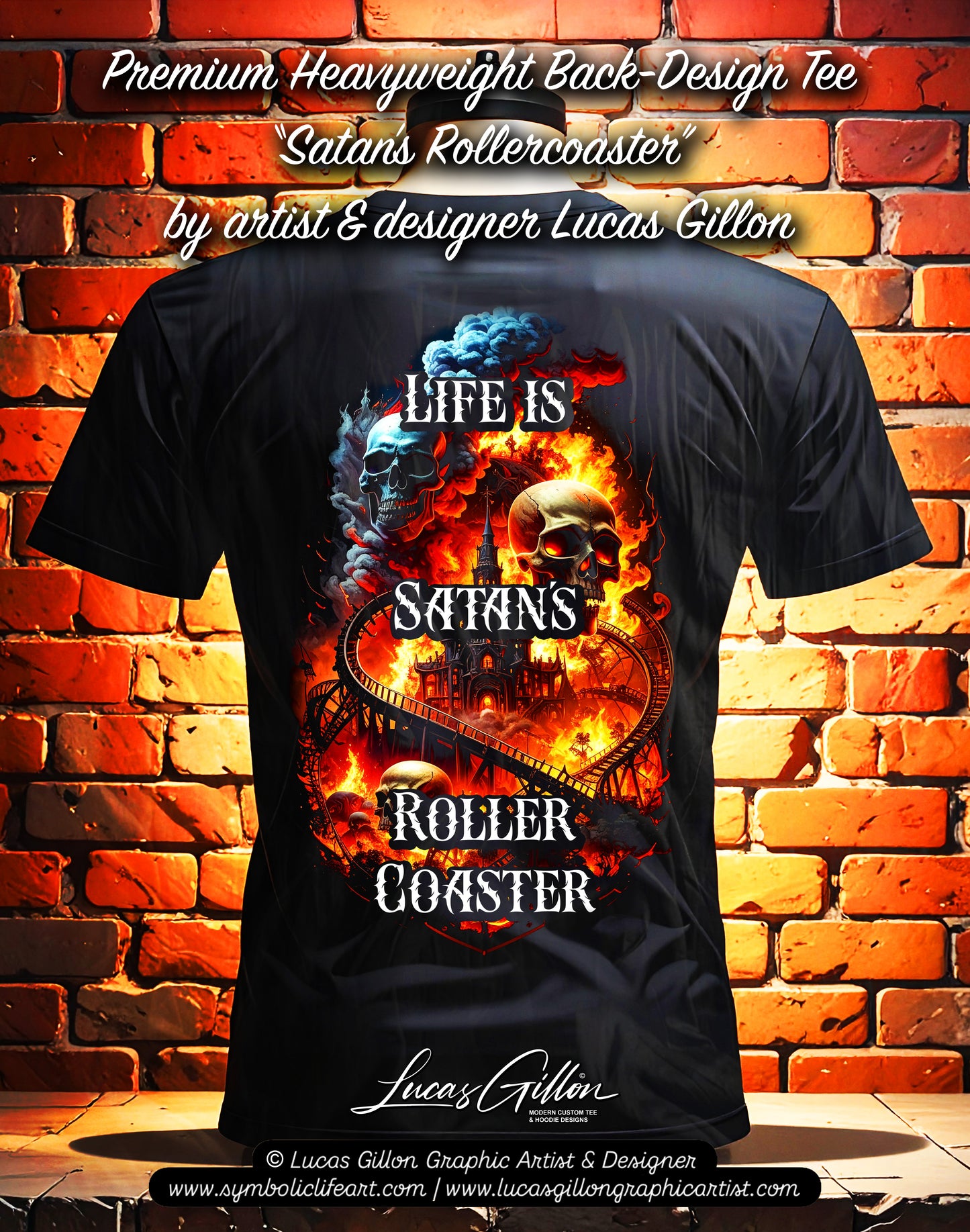 Black Unisex Premium Original Heavyweight Back-Design Tee "Satan's Rollercoaster" by Designer and Artist Lucas Gillon