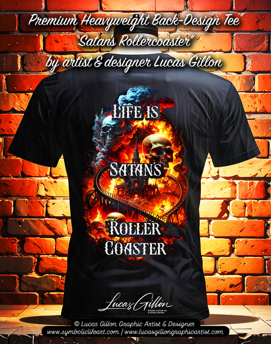 Black Unisex Premium Original Heavyweight Back-Design Tee "Satan's Rollercoaster" by Designer and Artist Lucas Gillon