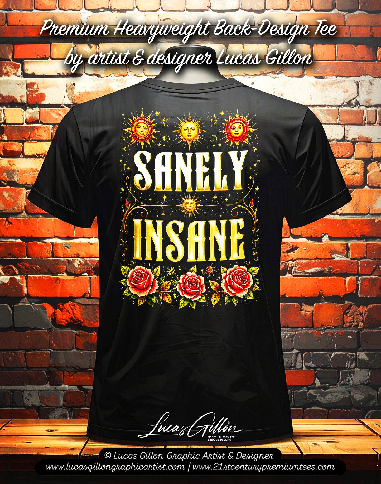 Unisex Premium Original Heavyweight Back-Design Tee "Sanely Insane" by Designer and Artist Lucas Gillon