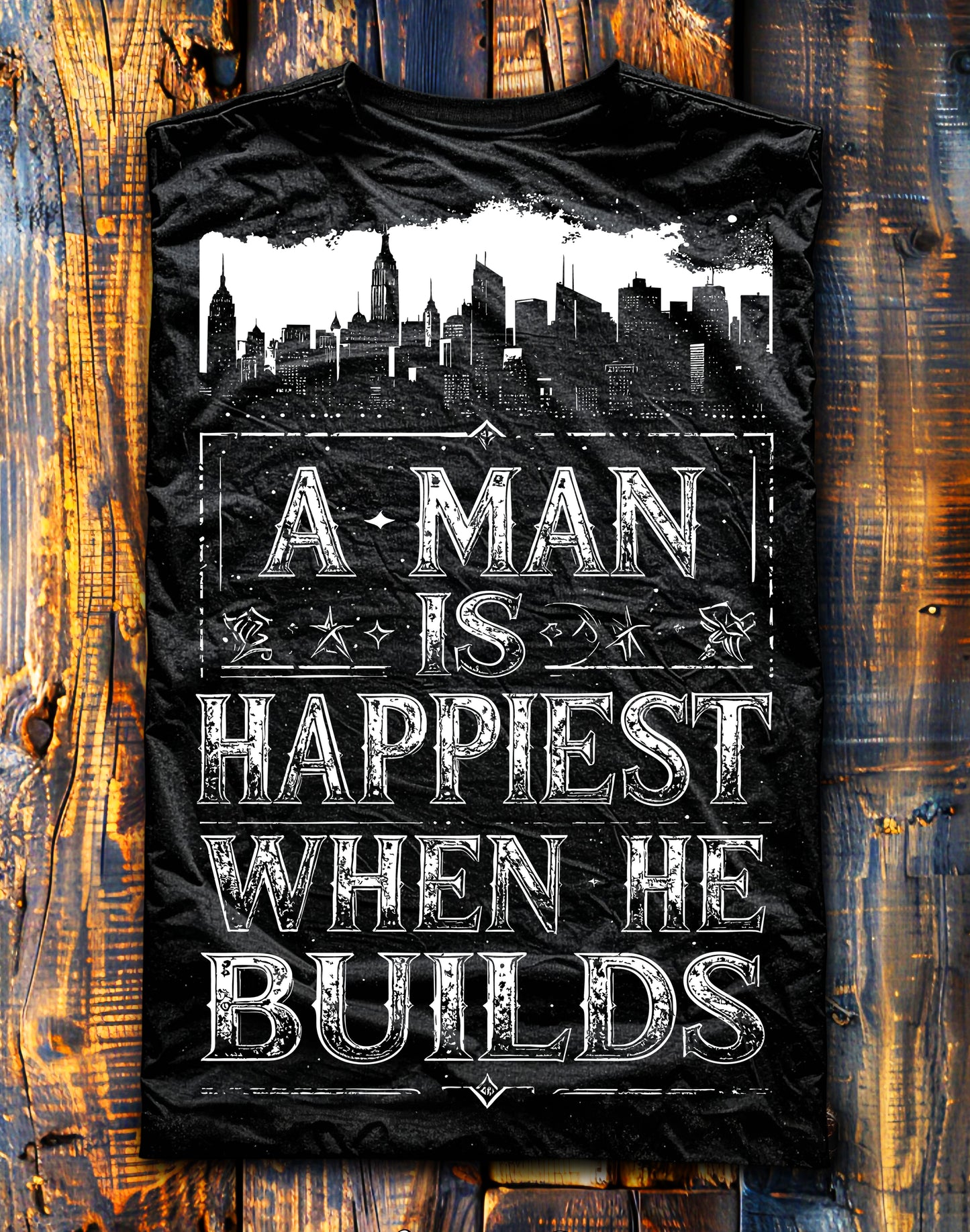 Black Unisex Premium Original Heavyweight Back-Design Tee "A Man is Happiest When He Builds" by Designer and Artist Lucas Gillon